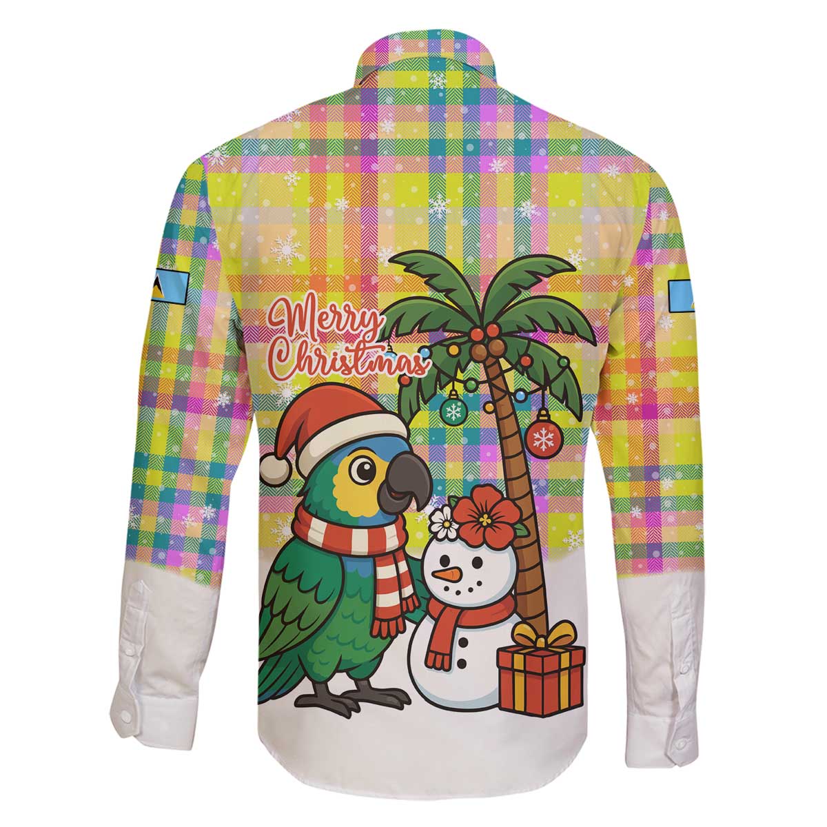Saint Lucia Christmas Family Matching Off The Shoulder Long Sleeve Dress and Hawaiian Shirt with Parrot Palm Tree Snowman and Plaid Holiday - Wonder Print Shop