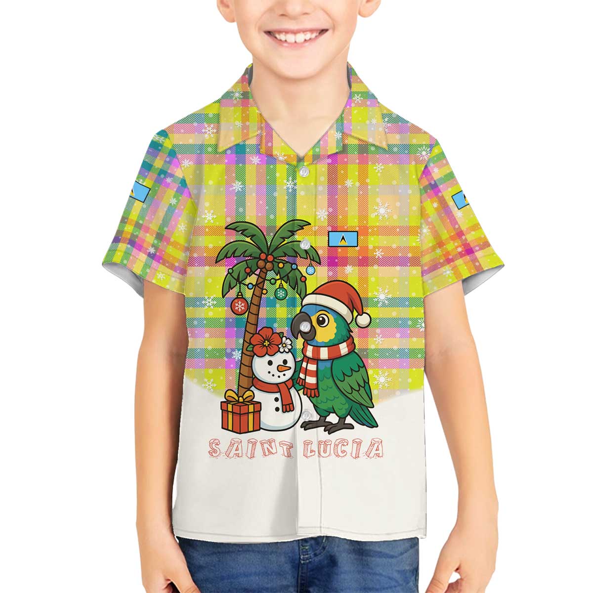 Saint Lucia Christmas Family Matching Off The Shoulder Long Sleeve Dress and Hawaiian Shirt with Parrot Palm Tree Snowman and Plaid Holiday - Wonder Print Shop