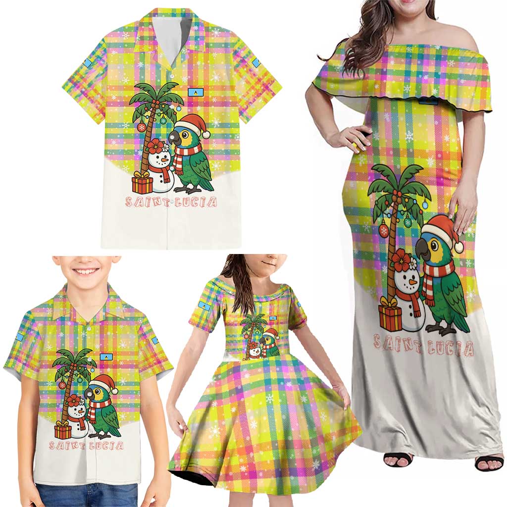 Saint Lucia Christmas Family Matching Off Shoulder Maxi Dress and Hawaiian Shirt with Parrot Palm Tree Snowman and Plaid Holiday - Wonder Print Shop