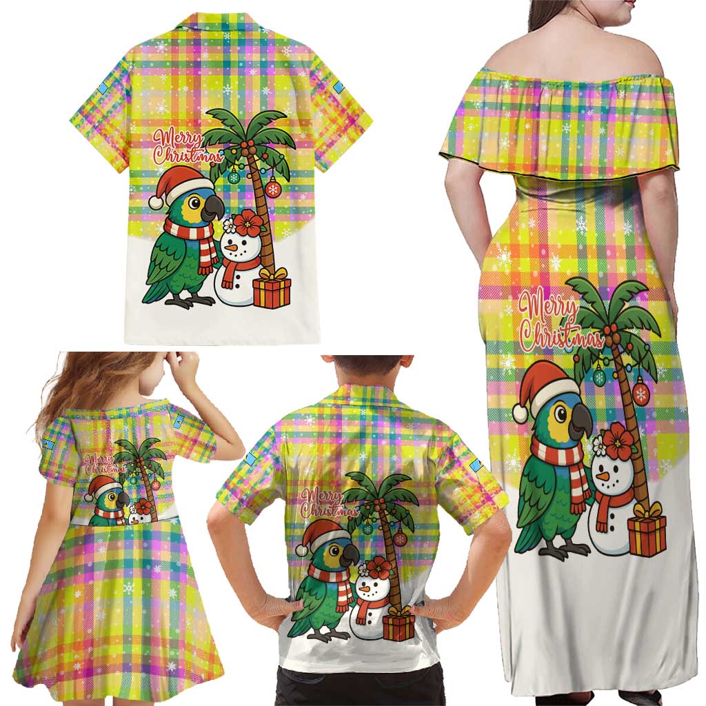 Saint Lucia Christmas Family Matching Off Shoulder Maxi Dress and Hawaiian Shirt with Parrot Palm Tree Snowman and Plaid Holiday - Wonder Print Shop