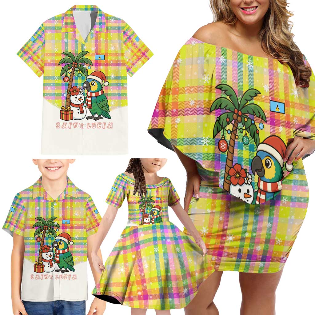 Saint Lucia Christmas Family Matching Off Shoulder Short Dress and Hawaiian Shirt with Parrot Palm Tree Snowman and Plaid Holiday - Wonder Print Shop