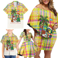 Saint Lucia Christmas Family Matching Off Shoulder Short Dress and Hawaiian Shirt with Parrot Palm Tree Snowman and Plaid Holiday - Wonder Print Shop