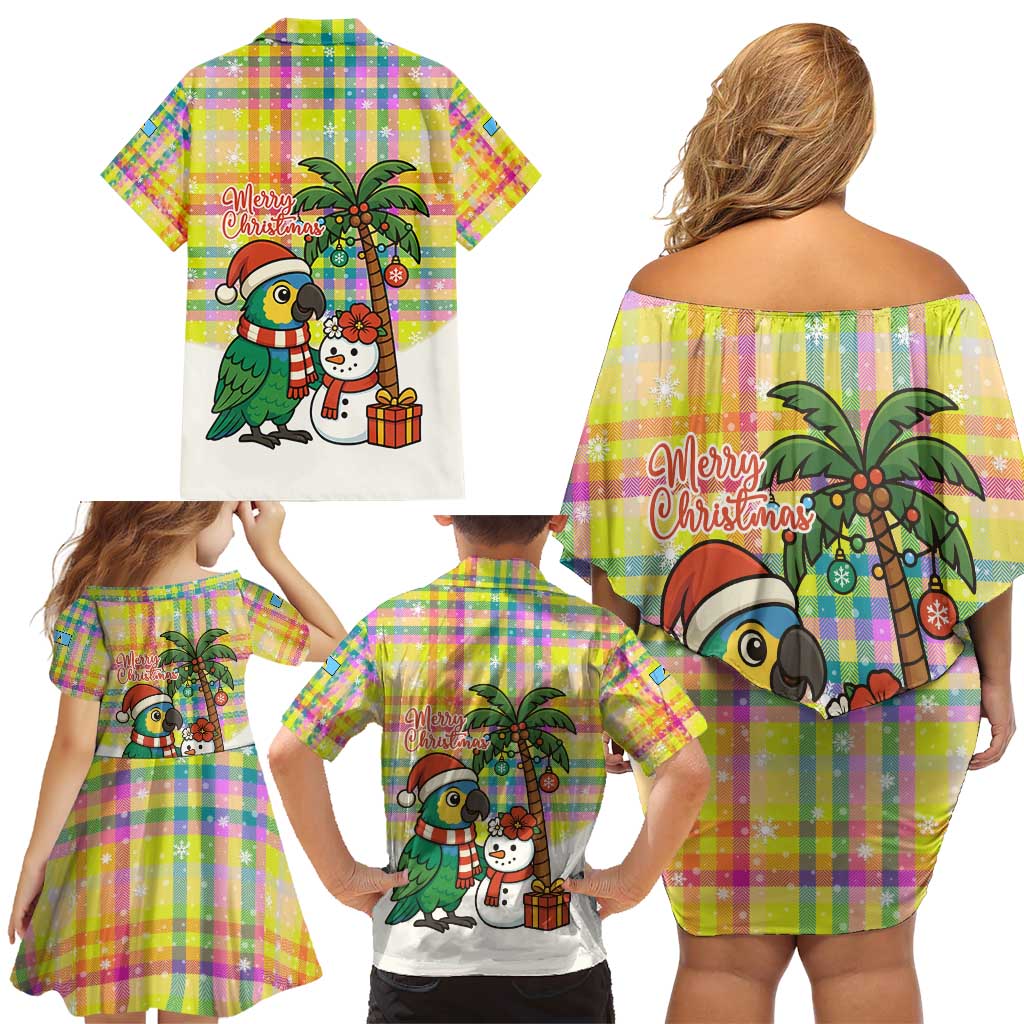 Saint Lucia Christmas Family Matching Off Shoulder Short Dress and Hawaiian Shirt with Parrot Palm Tree Snowman and Plaid Holiday - Wonder Print Shop