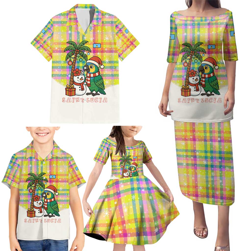 Saint Lucia Christmas Family Matching Puletasi and Hawaiian Shirt with Parrot Palm Tree Snowman and Plaid Holiday - Wonder Print Shop