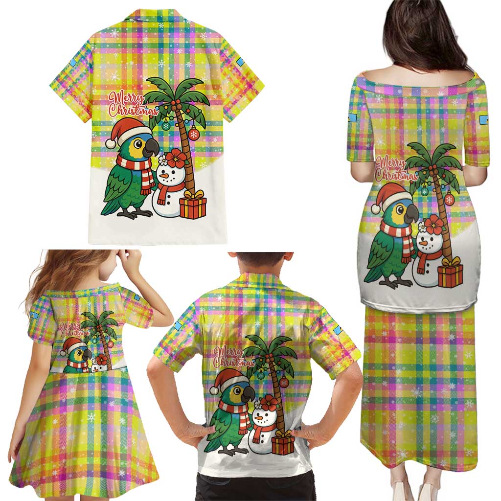 Saint Lucia Christmas Family Matching Puletasi and Hawaiian Shirt with Parrot Palm Tree Snowman and Plaid Holiday - Wonder Print Shop