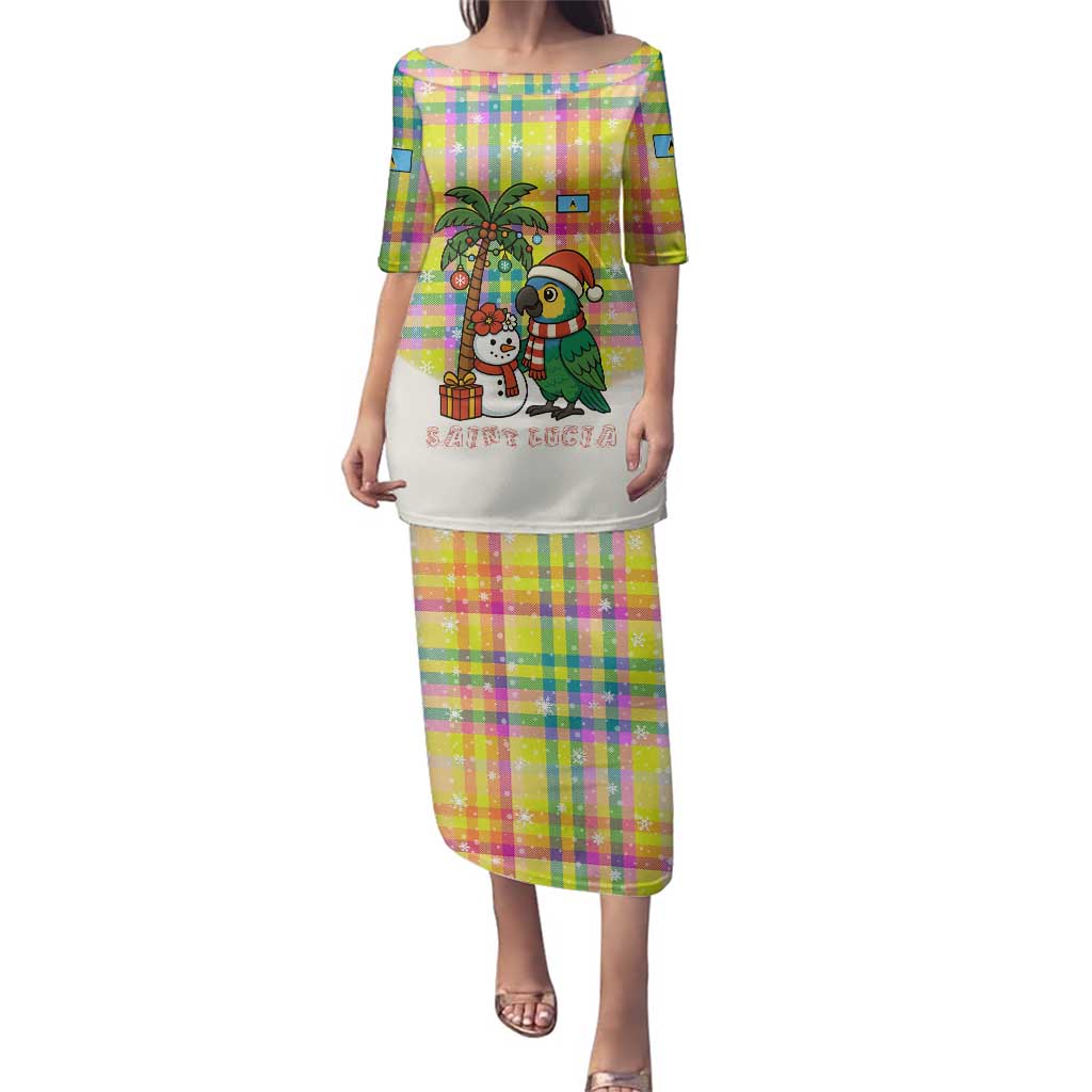 Saint Lucia Christmas Family Matching Puletasi and Hawaiian Shirt with Parrot Palm Tree Snowman and Plaid Holiday - Wonder Print Shop