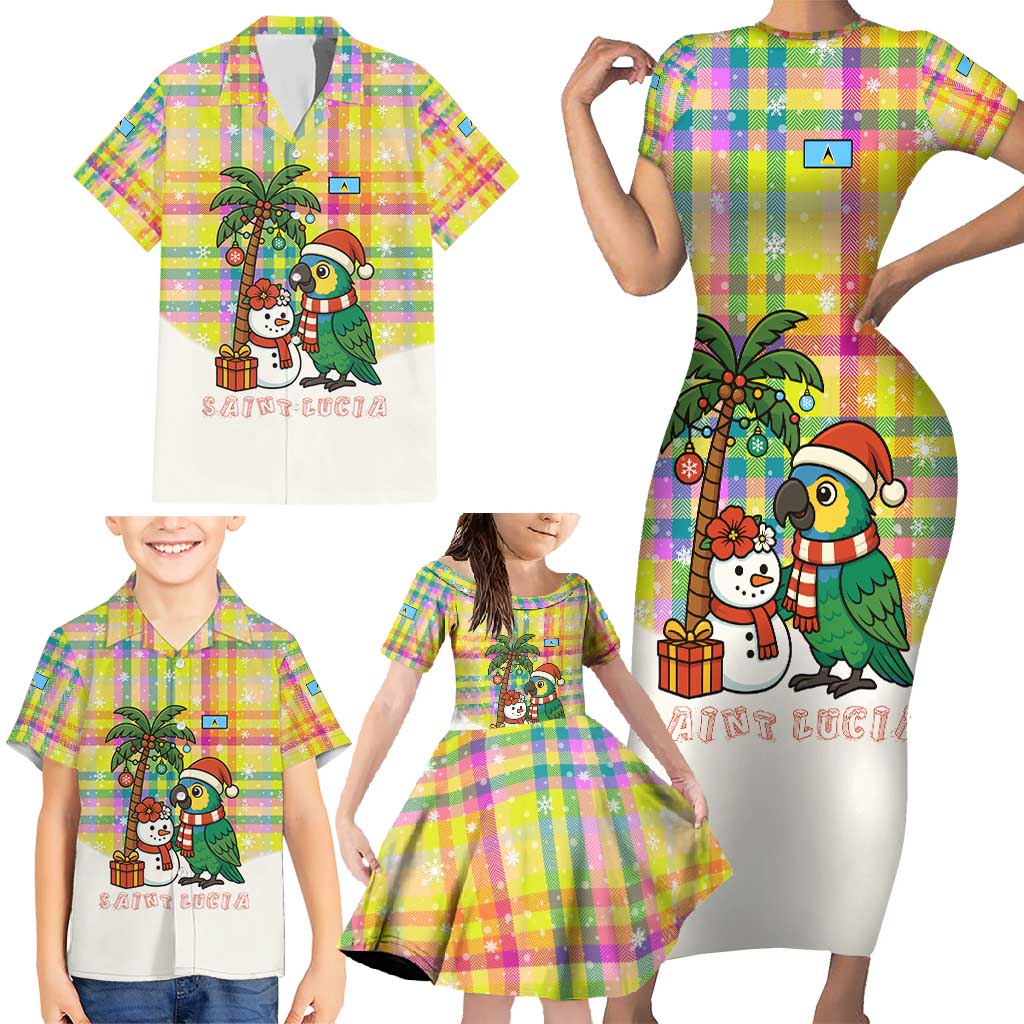 Saint Lucia Christmas Family Matching Short Sleeve Bodycon Dress and Hawaiian Shirt with Parrot Palm Tree Snowman and Plaid Holiday - Wonder Print Shop
