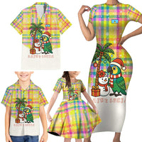 Saint Lucia Christmas Family Matching Short Sleeve Bodycon Dress and Hawaiian Shirt with Parrot Palm Tree Snowman and Plaid Holiday - Wonder Print Shop
