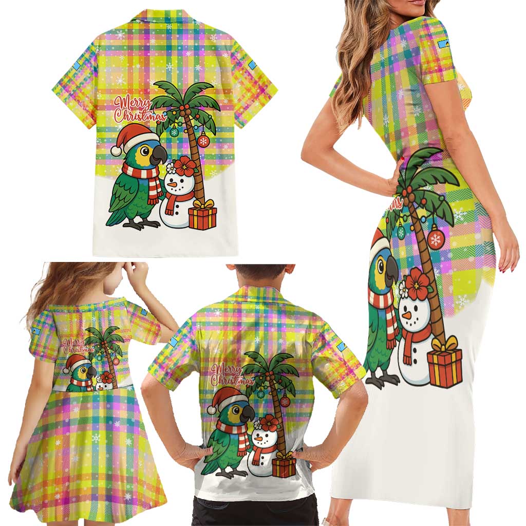 Saint Lucia Christmas Family Matching Short Sleeve Bodycon Dress and Hawaiian Shirt with Parrot Palm Tree Snowman and Plaid Holiday - Wonder Print Shop