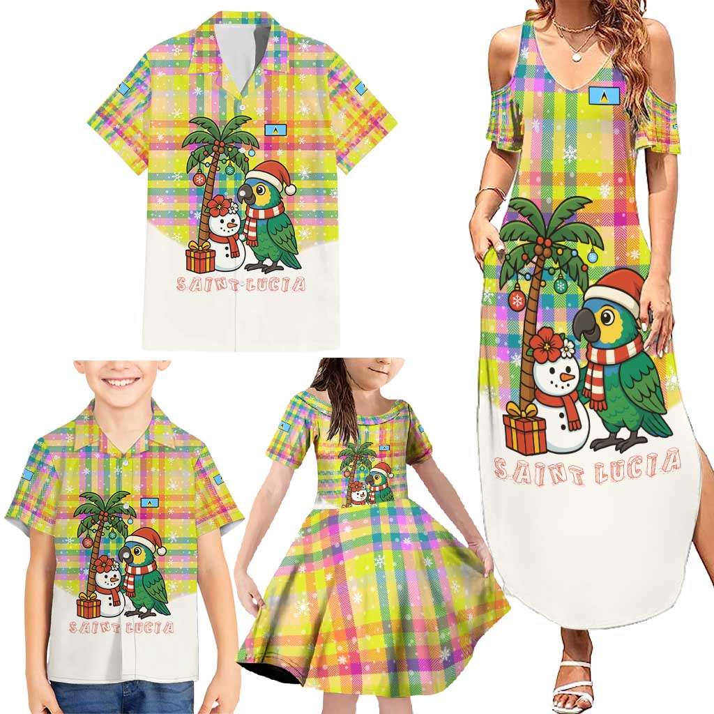 Saint Lucia Christmas Family Matching Summer Maxi Dress and Hawaiian Shirt with Parrot Palm Tree Snowman and Plaid Holiday - Wonder Print Shop
