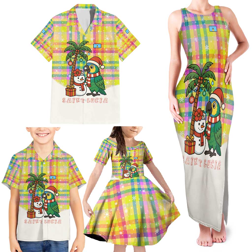 Saint Lucia Christmas Family Matching Tank Maxi Dress and Hawaiian Shirt with Parrot Palm Tree Snowman and Plaid Holiday - Wonder Print Shop