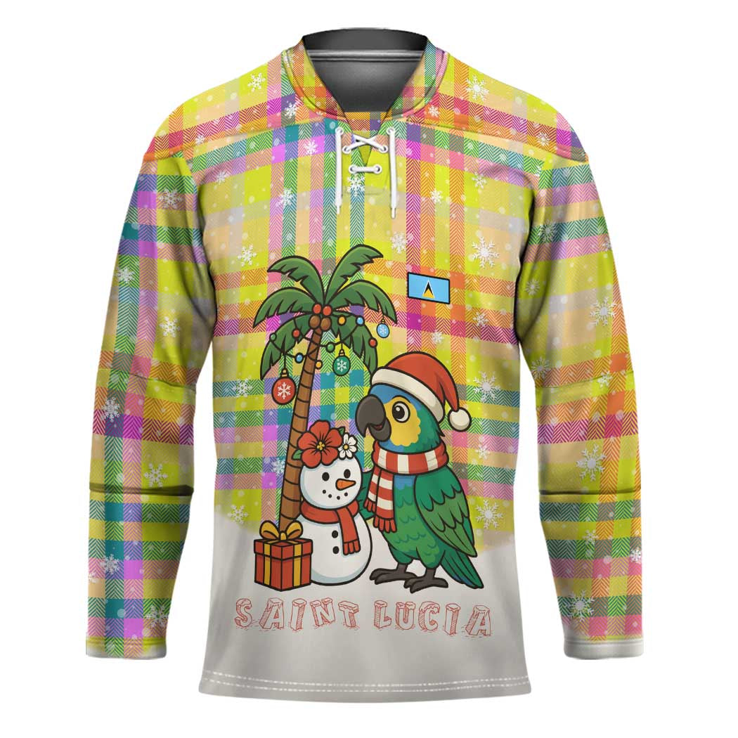 Saint Lucia Christmas Hockey Jersey with Parrot Palm Tree Snowman and Plaid Holiday - Wonder Print Shop