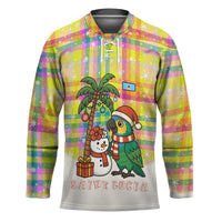 Saint Lucia Christmas Hockey Jersey with Parrot Palm Tree Snowman and Plaid Holiday - Wonder Print Shop