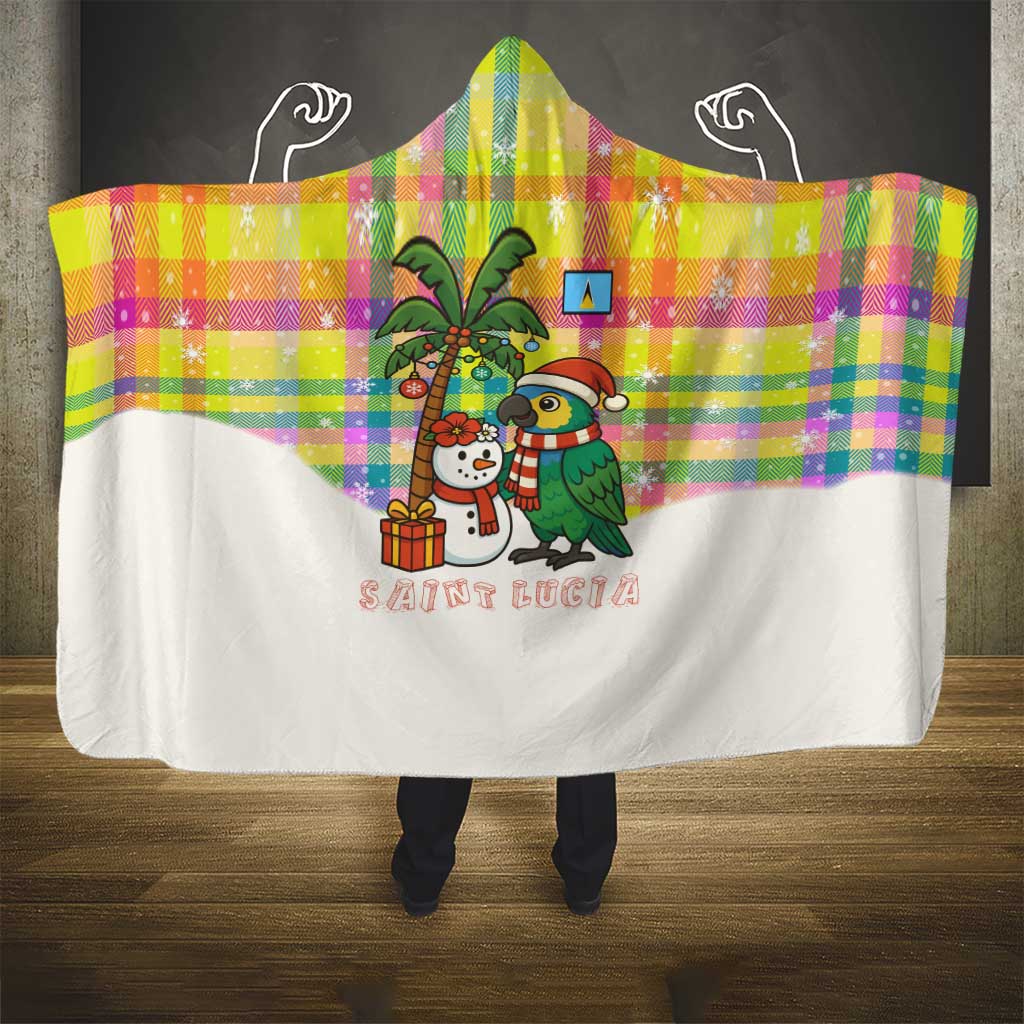 Saint Lucia Christmas Hooded Blanket with Parrot Palm Tree Snowman and Plaid Holiday - Wonder Print Shop