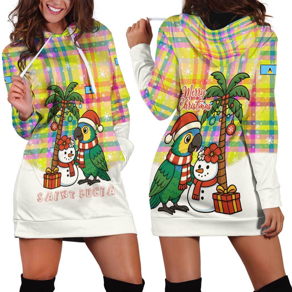 Saint Lucia Christmas Hoodie Dress with Parrot Palm Tree Snowman and Plaid Holiday - Wonder Print Shop