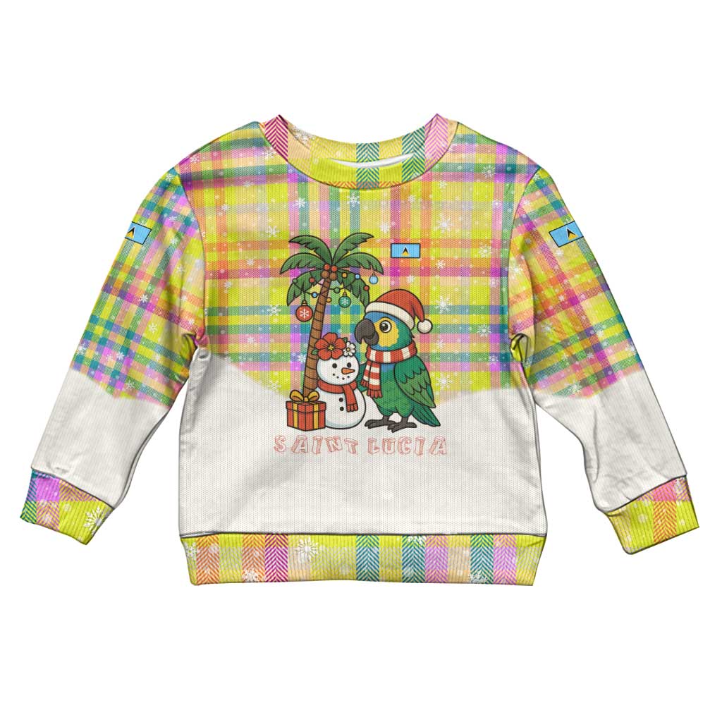 Saint Lucia Christmas Kid Ugly Christmas Sweater with Parrot Palm Tree Snowman and Plaid Holiday - Wonder Print Shop