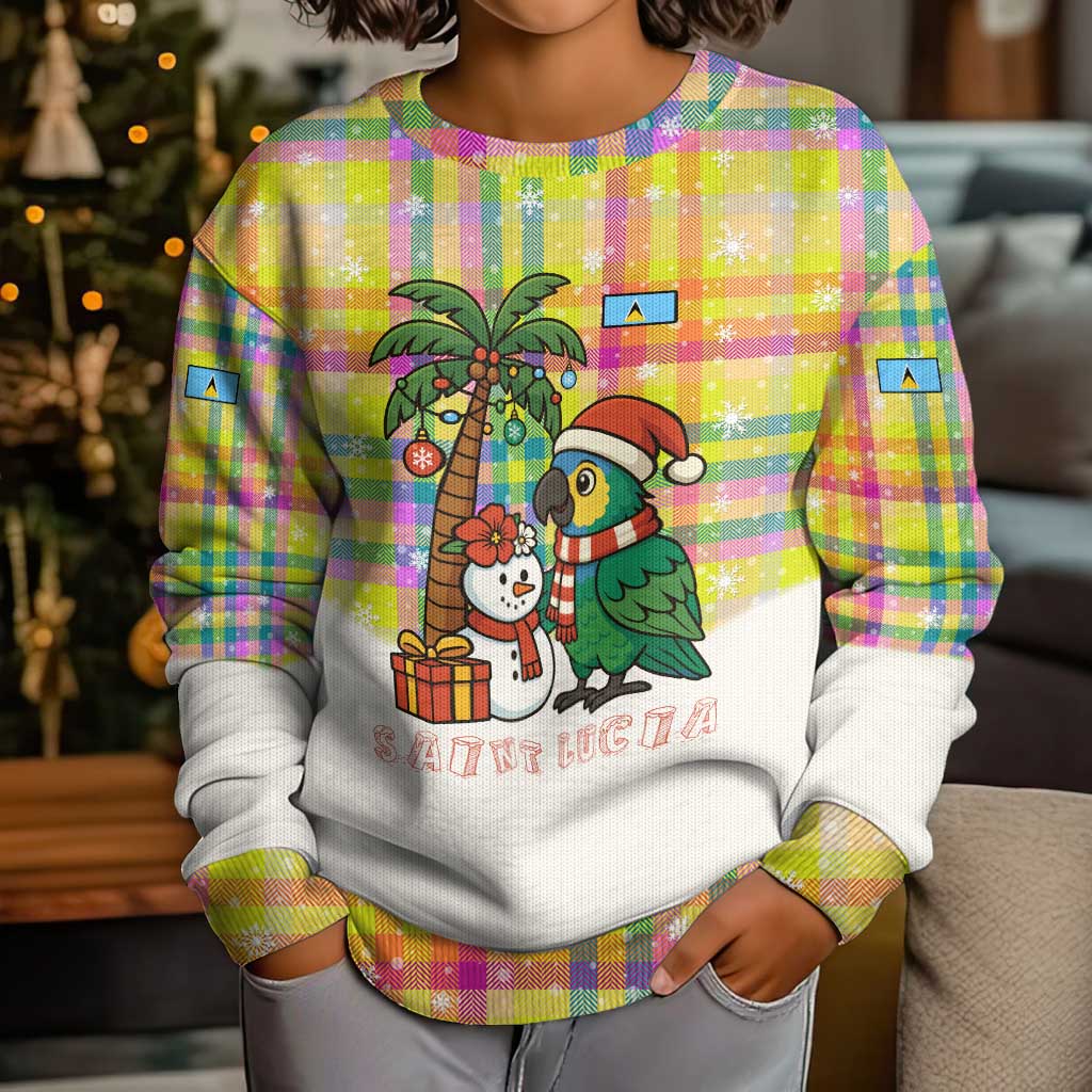 Saint Lucia Christmas Kid Ugly Christmas Sweater with Parrot Palm Tree Snowman and Plaid Holiday - Wonder Print Shop