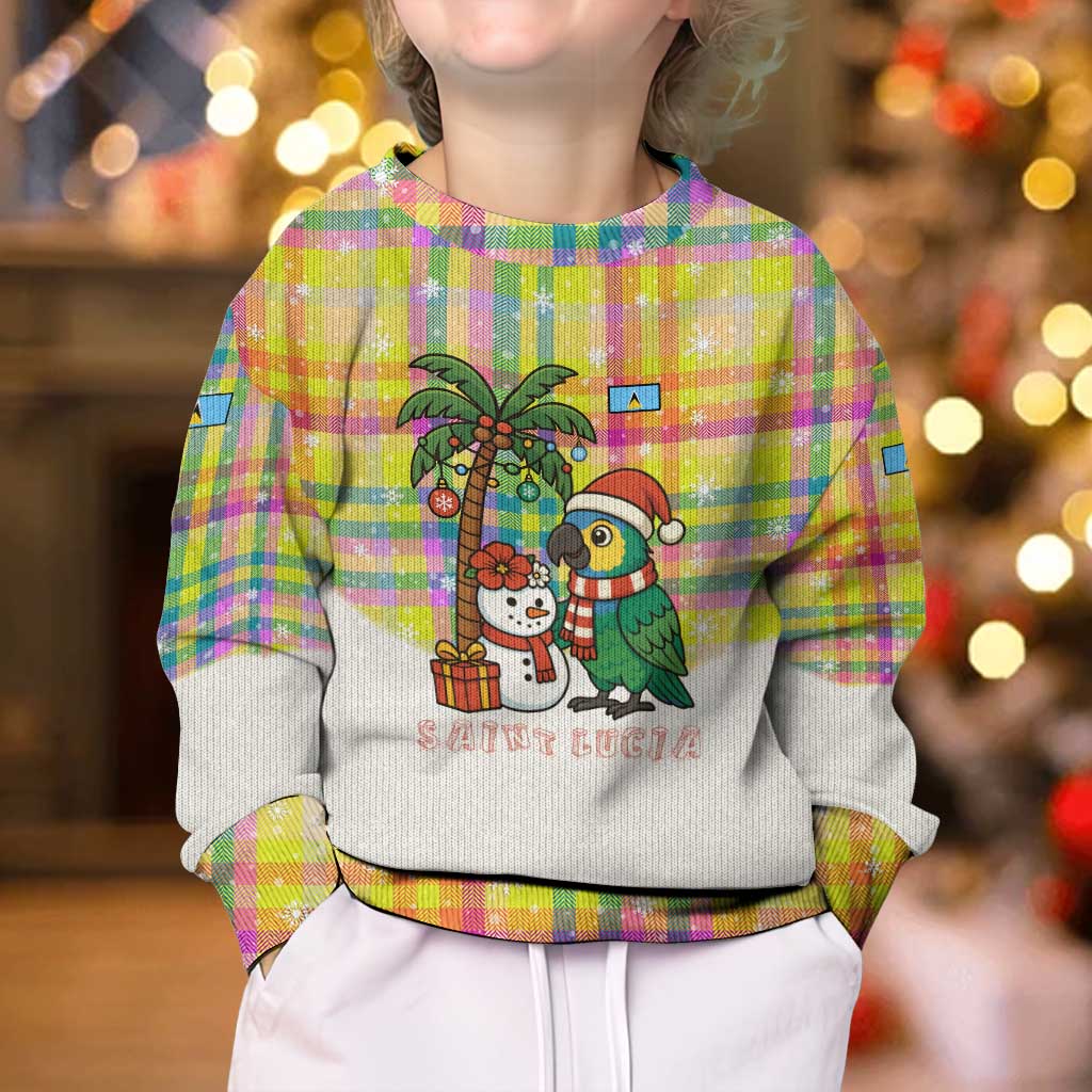 Saint Lucia Christmas Kid Ugly Christmas Sweater with Parrot Palm Tree Snowman and Plaid Holiday - Wonder Print Shop