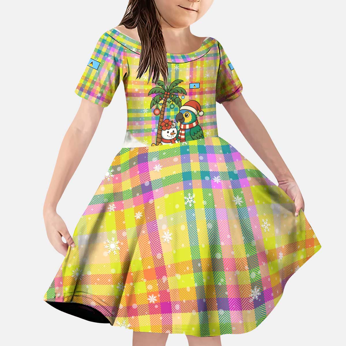 Saint Lucia Christmas Kid Short Sleeve Dress with Parrot Palm Tree Snowman and Plaid Holiday - Wonder Print Shop