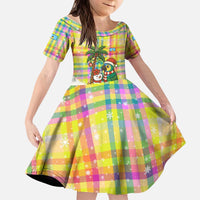 Saint Lucia Christmas Kid Short Sleeve Dress with Parrot Palm Tree Snowman and Plaid Holiday - Wonder Print Shop