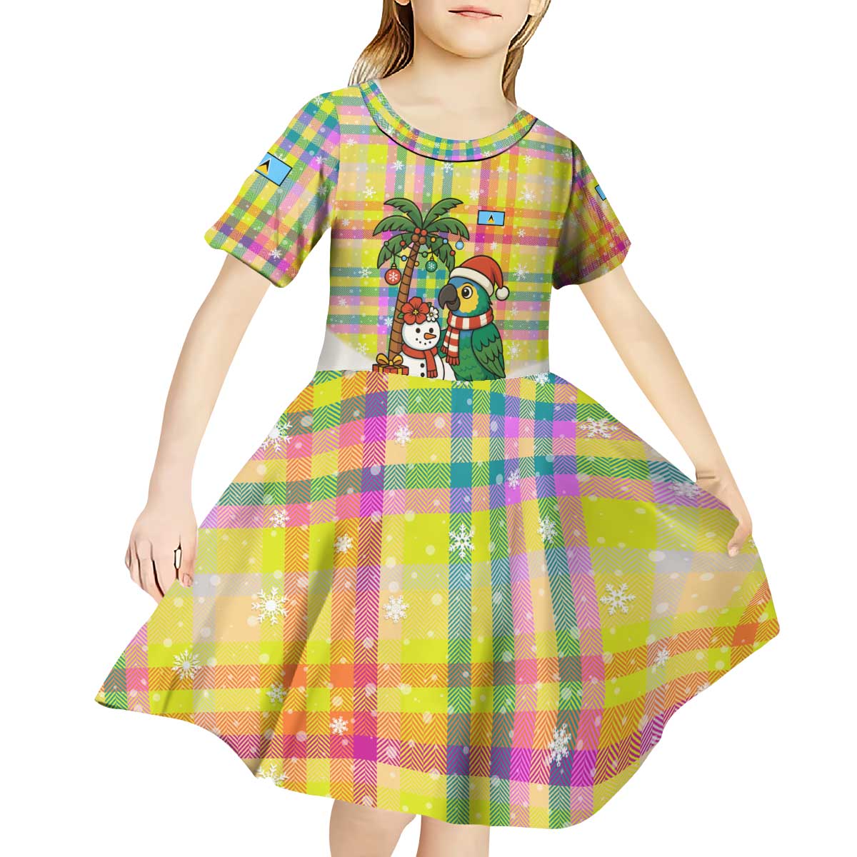 Saint Lucia Christmas Kid Short Sleeve Dress with Parrot Palm Tree Snowman and Plaid Holiday - Wonder Print Shop