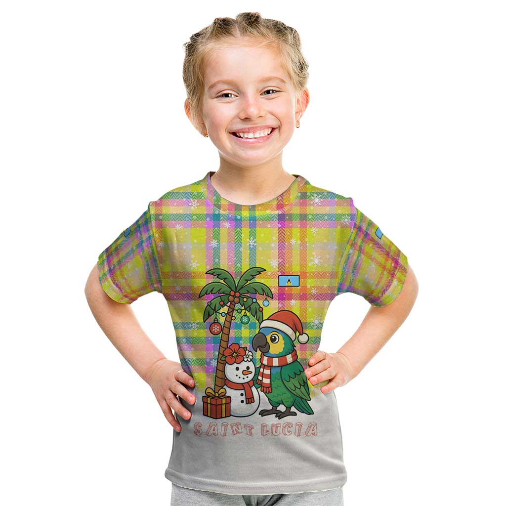 Saint Lucia Christmas Kid T Shirt with Parrot Palm Tree Snowman and Plaid Holiday - Wonder Print Shop