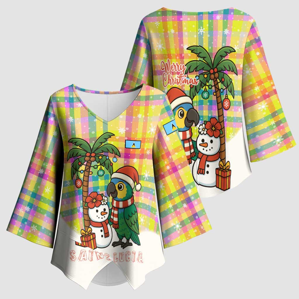 Saint Lucia Christmas Kimono Sleeve Blouse with Parrot Palm Tree Snowman and Plaid Holiday - Wonder Print Shop