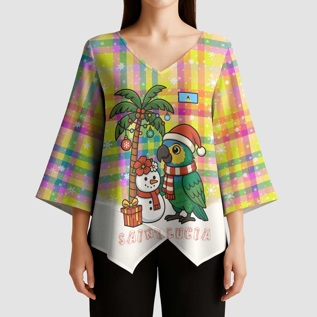 Saint Lucia Christmas Kimono Sleeve Blouse with Parrot Palm Tree Snowman and Plaid Holiday - Wonder Print Shop