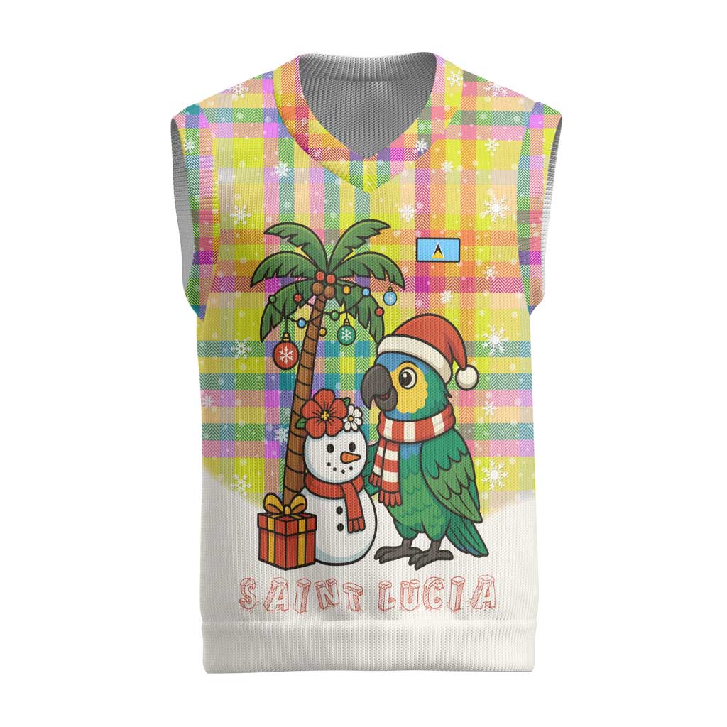 Saint Lucia Christmas Knitted V-Neck Vest with Parrot Palm Tree Snowman and Plaid Holiday - Wonder Print Shop