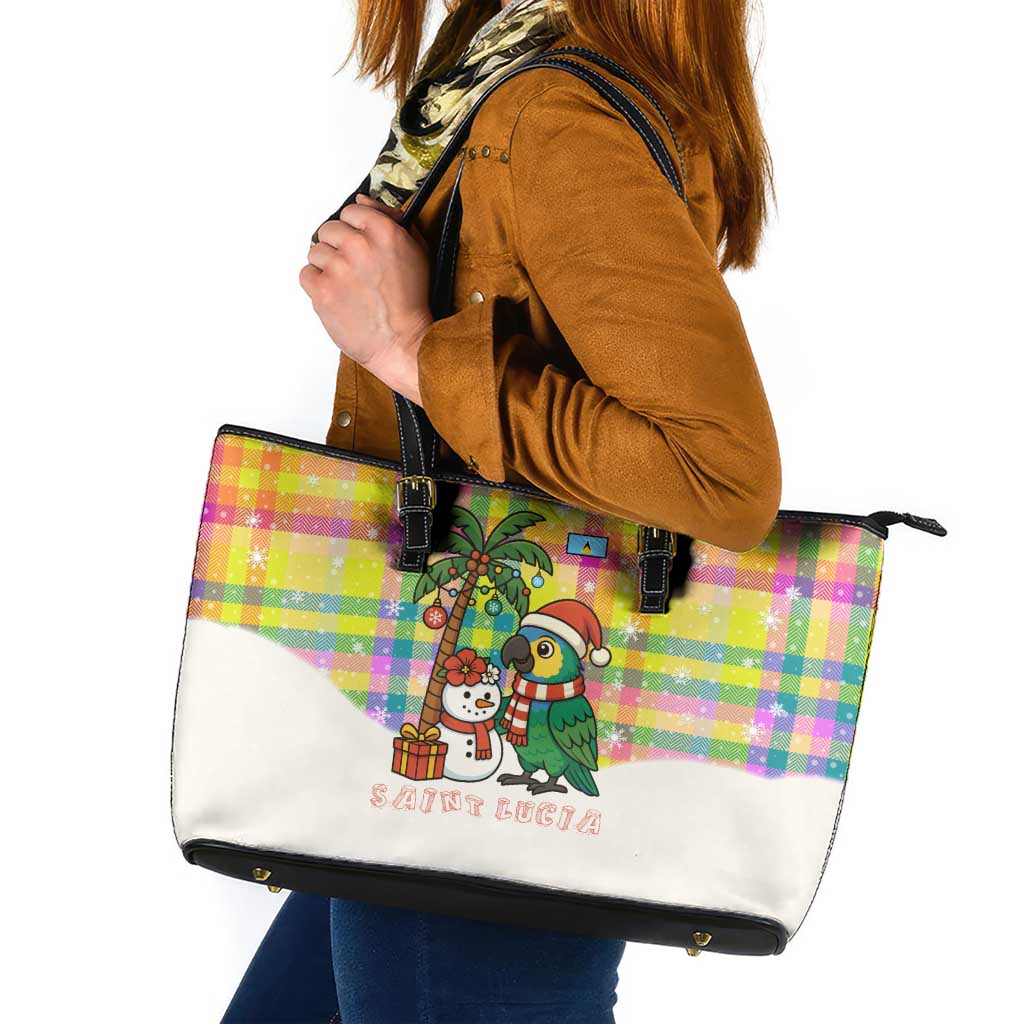 Saint Lucia Christmas Leather Tote Bag with Parrot Palm Tree Snowman and Plaid Holiday - Wonder Print Shop