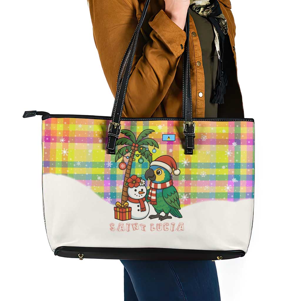 Saint Lucia Christmas Leather Tote Bag with Parrot Palm Tree Snowman and Plaid Holiday - Wonder Print Shop