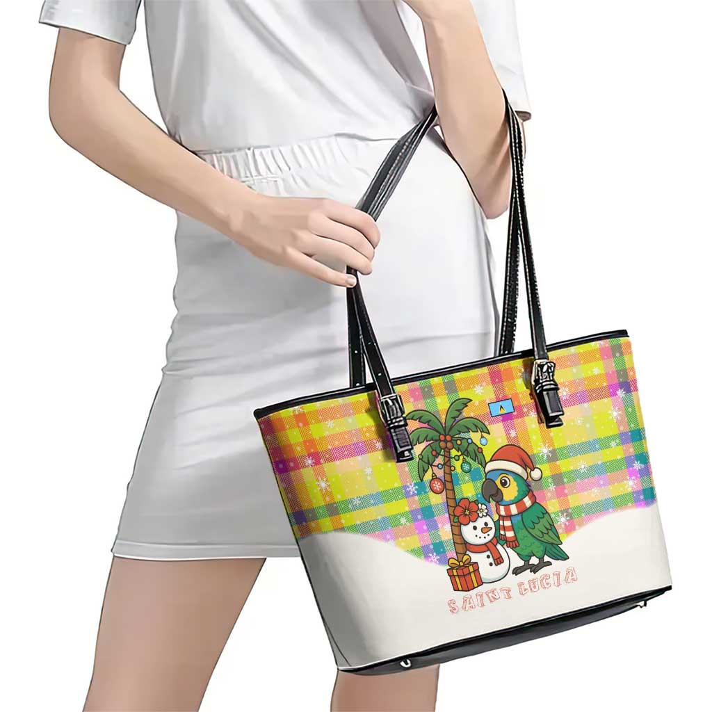 Saint Lucia Christmas Leather Tote Bag with Parrot Palm Tree Snowman and Plaid Holiday - Wonder Print Shop