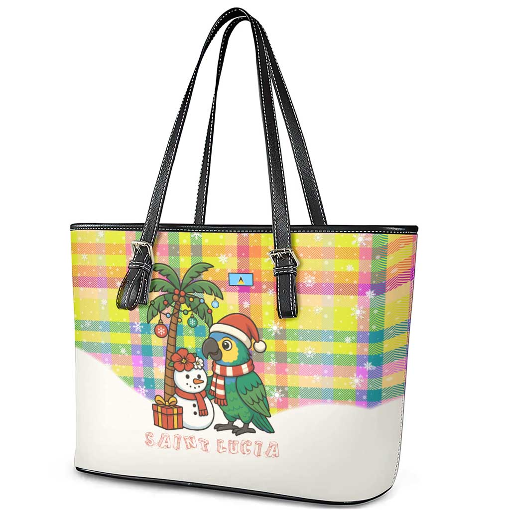 Saint Lucia Christmas Leather Tote Bag with Parrot Palm Tree Snowman and Plaid Holiday - Wonder Print Shop