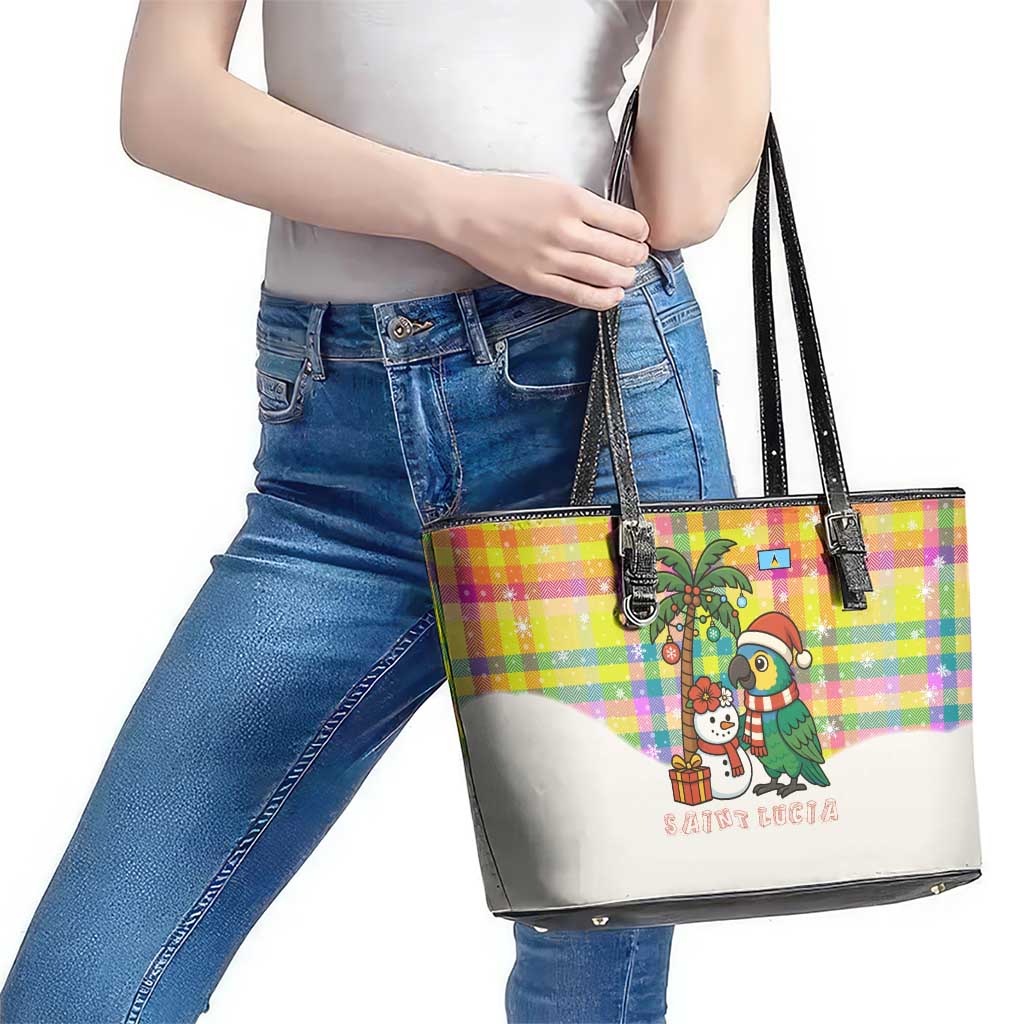 Saint Lucia Christmas Leather Tote Bag with Parrot Palm Tree Snowman and Plaid Holiday - Wonder Print Shop