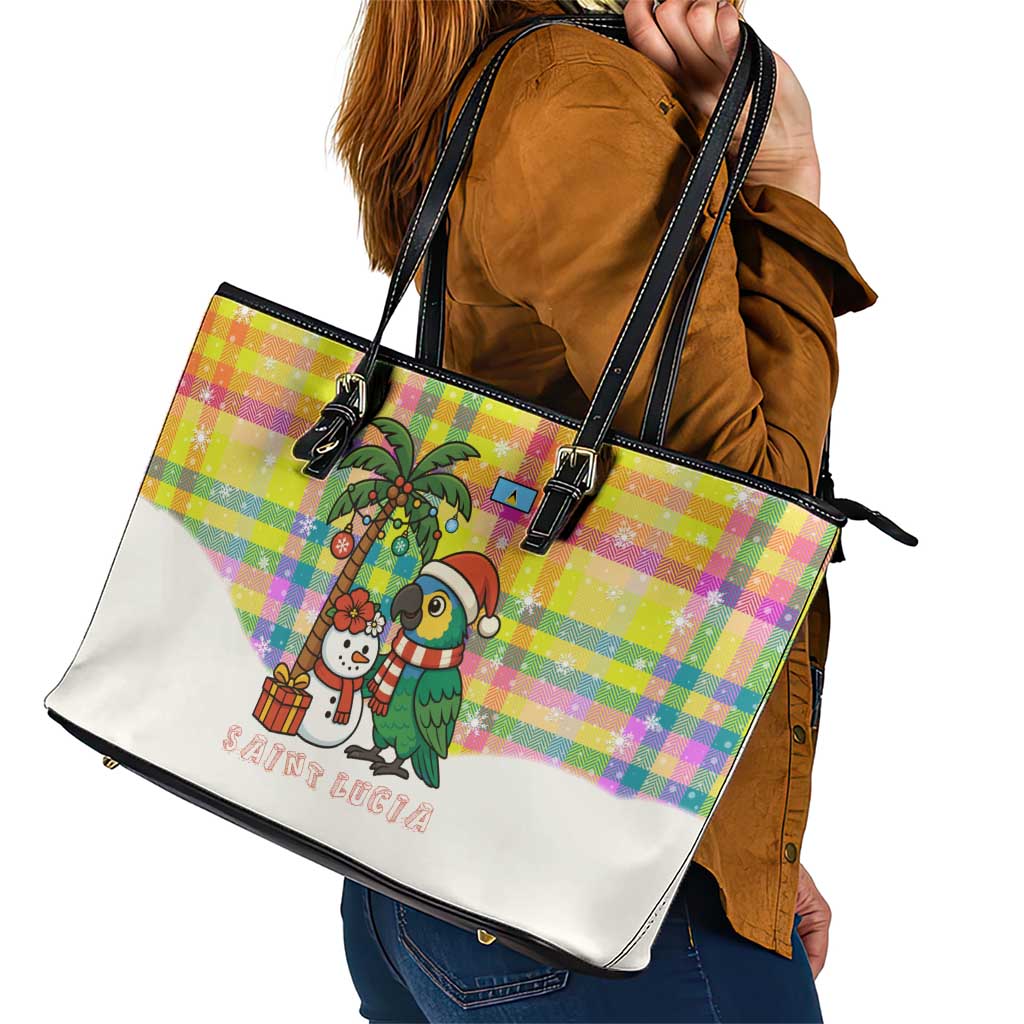 Saint Lucia Christmas Leather Tote Bag with Parrot Palm Tree Snowman and Plaid Holiday - Wonder Print Shop