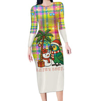 Saint Lucia Christmas Long Sleeve Bodycon Dress with Parrot Palm Tree Snowman and Plaid Holiday - Wonder Print Shop