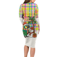 Saint Lucia Christmas Long Sleeve Bodycon Dress with Parrot Palm Tree Snowman and Plaid Holiday - Wonder Print Shop