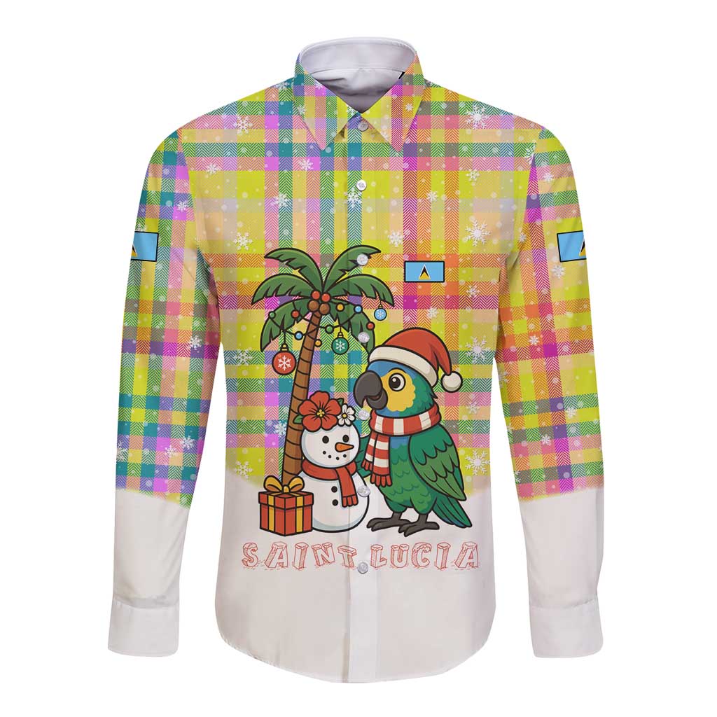Saint Lucia Christmas Long Sleeve Button Shirt with Parrot Palm Tree Snowman and Plaid Holiday - Wonder Print Shop