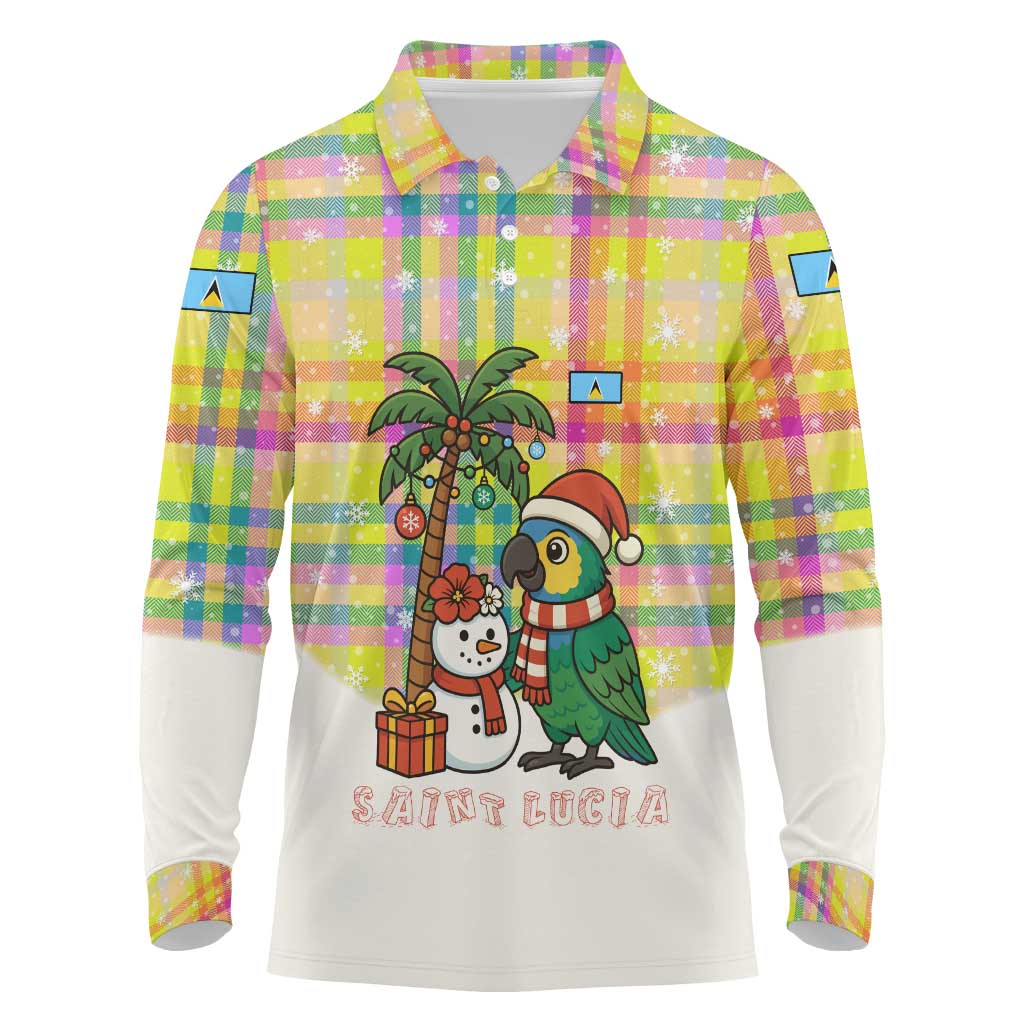 Saint Lucia Christmas Long Sleeve Polo Shirt with Parrot Palm Tree Snowman and Plaid Holiday - Wonder Print Shop
