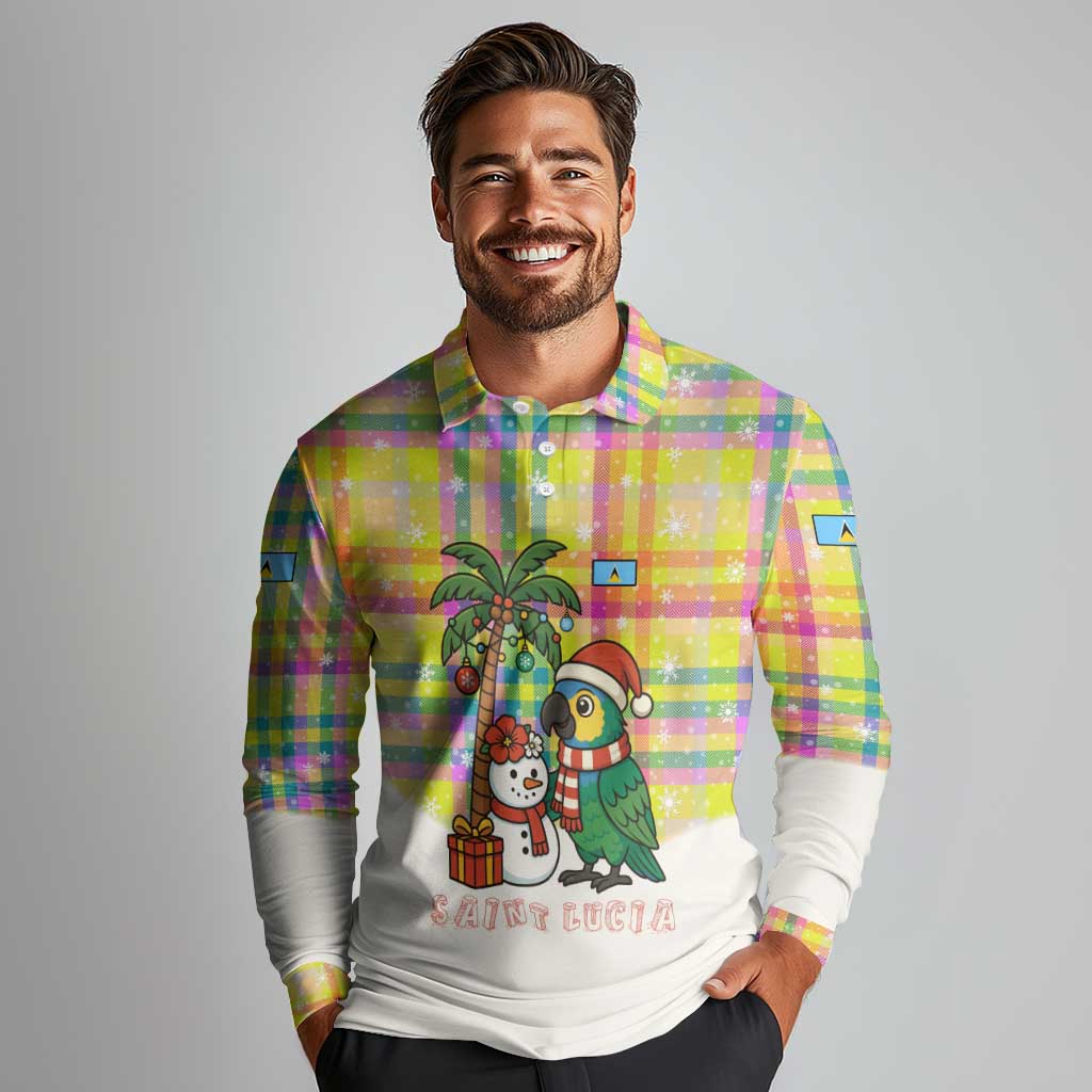 Saint Lucia Christmas Long Sleeve Polo Shirt with Parrot Palm Tree Snowman and Plaid Holiday - Wonder Print Shop