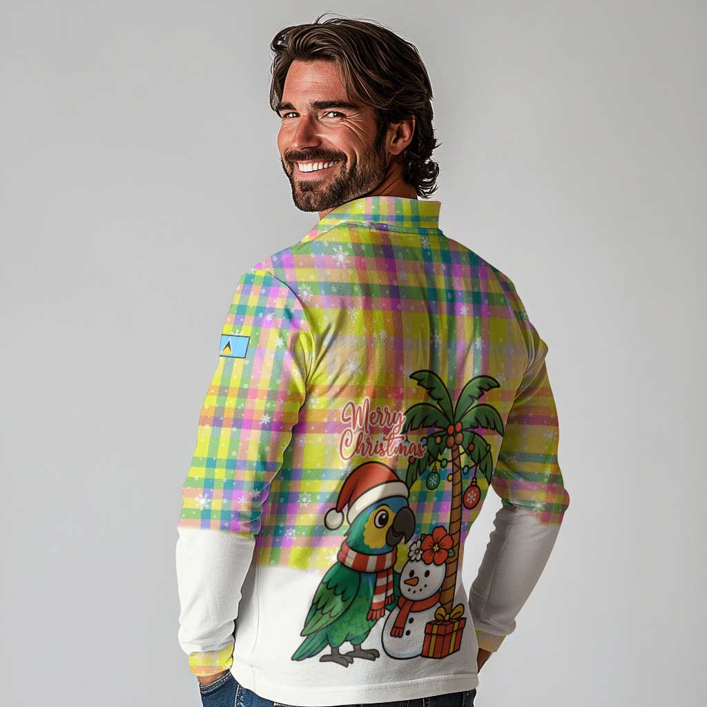 Saint Lucia Christmas Long Sleeve Polo Shirt with Parrot Palm Tree Snowman and Plaid Holiday - Wonder Print Shop