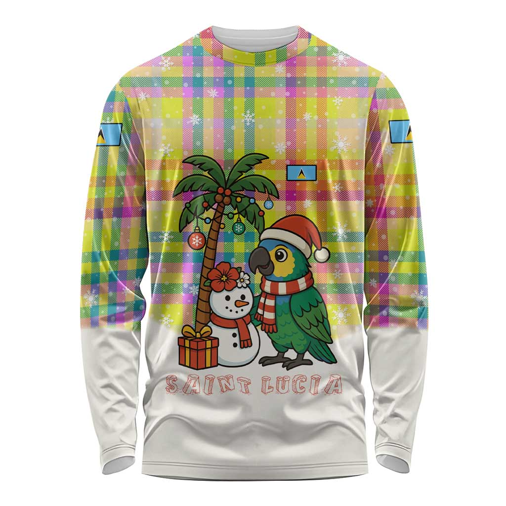 Saint Lucia Christmas Long Sleeve Shirt with Parrot Palm Tree Snowman and Plaid Holiday - Wonder Print Shop