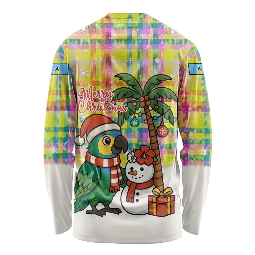 Saint Lucia Christmas Long Sleeve Shirt with Parrot Palm Tree Snowman and Plaid Holiday - Wonder Print Shop