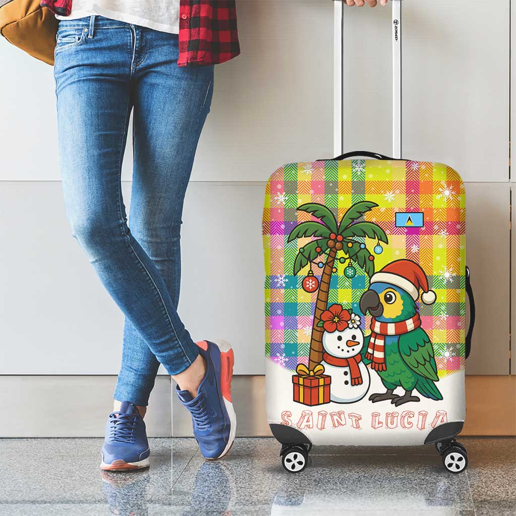 Saint Lucia Christmas Luggage Cover with Parrot Palm Tree Snowman and Plaid Holiday - Wonder Print Shop