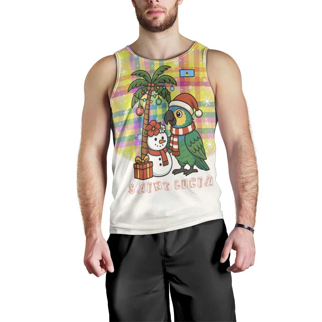 Saint Lucia Christmas Men Tank Top with Parrot Palm Tree Snowman and Plaid Holiday - Wonder Print Shop