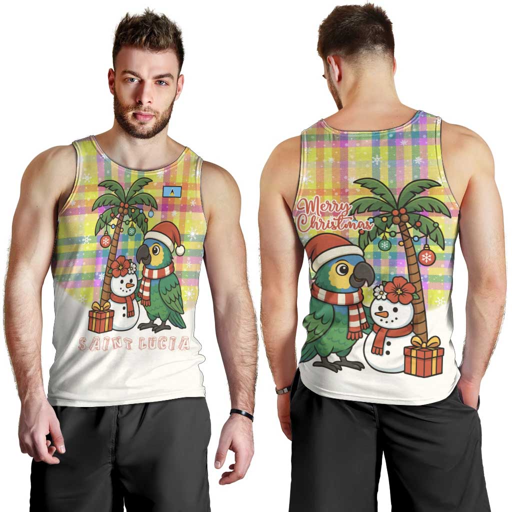 Saint Lucia Christmas Men Tank Top with Parrot Palm Tree Snowman and Plaid Holiday - Wonder Print Shop