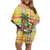 Saint Lucia Christmas Off Shoulder Short Dress with Parrot Palm Tree Snowman and Plaid Holiday - Wonder Print Shop