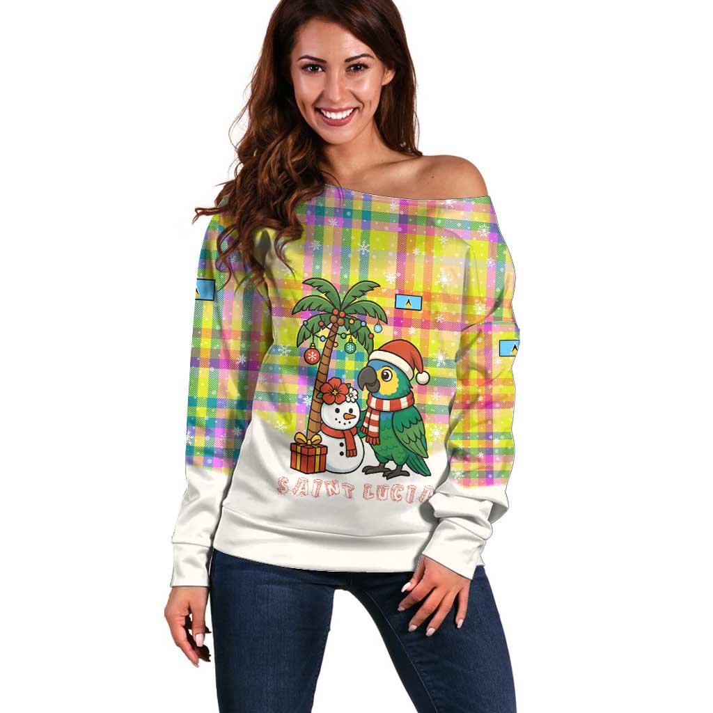 Saint Lucia Christmas Off Shoulder Sweater with Parrot Palm Tree Snowman and Plaid Holiday - Wonder Print Shop