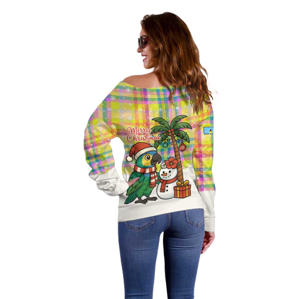 Saint Lucia Christmas Off Shoulder Sweater with Parrot Palm Tree Snowman and Plaid Holiday - Wonder Print Shop