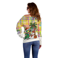 Saint Lucia Christmas Off Shoulder Sweater with Parrot Palm Tree Snowman and Plaid Holiday - Wonder Print Shop